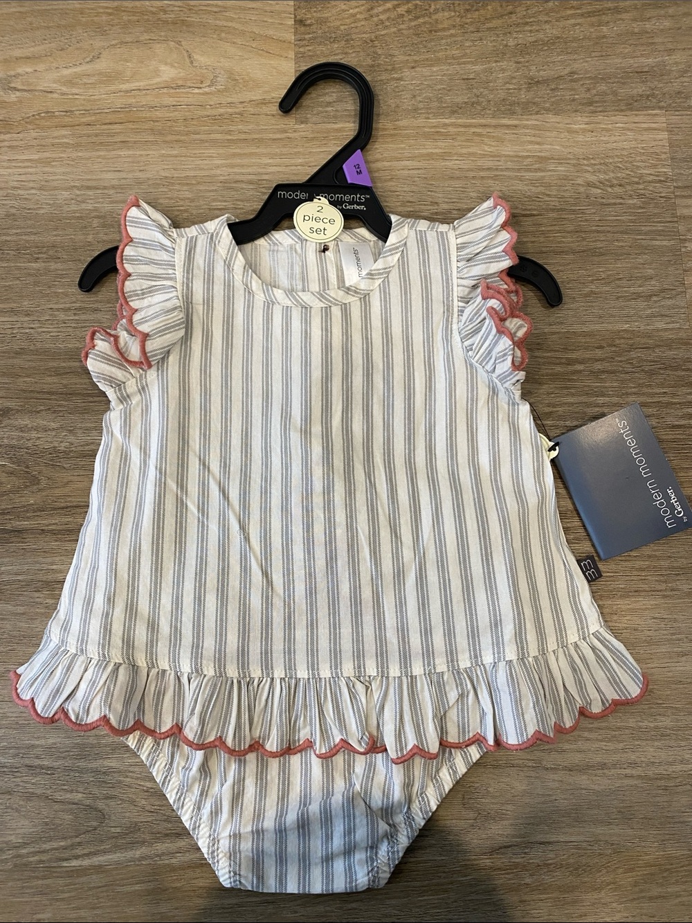Modern Moments Girls' Blue Stripe Ruffle Matching Set - Pink Trim
